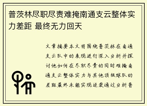 普茨林尽职尽责难掩南通支云整体实力差距 最终无力回天